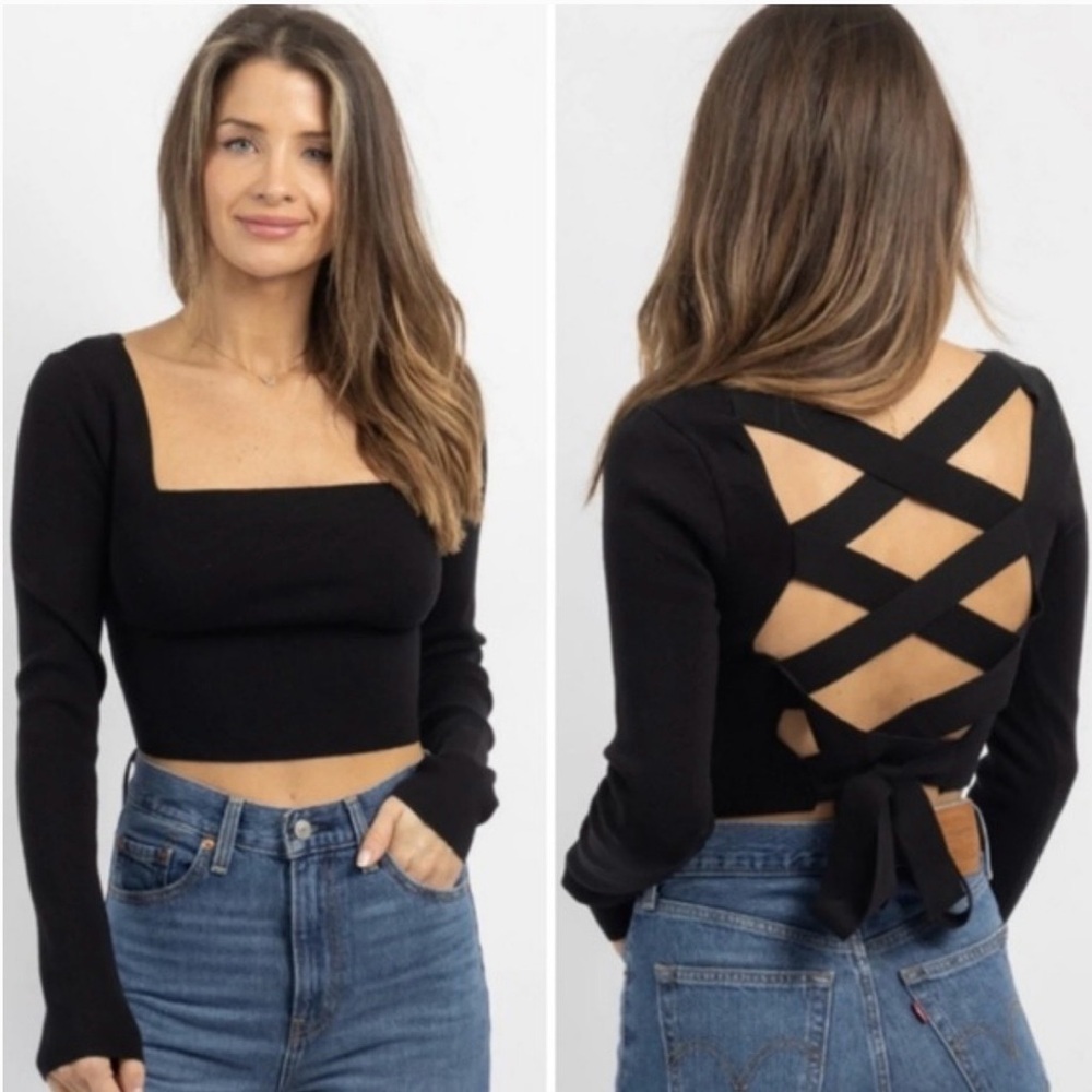 Le Lis Black Baddie Crisscross Back Crop Top Minimalist Whimsygoth Size Small